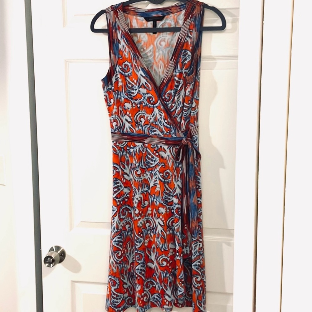 BCBG Maxazria red/blue wrap dress; draped asymmetrical bottom